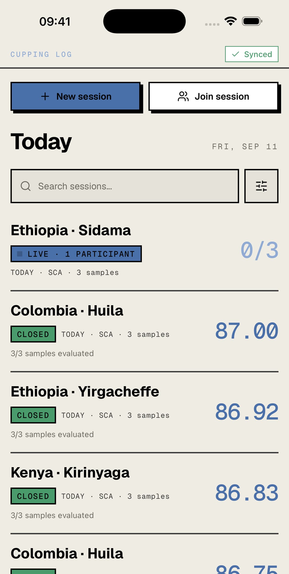 Cupping home screen showing live and completed coffee tasting sessions