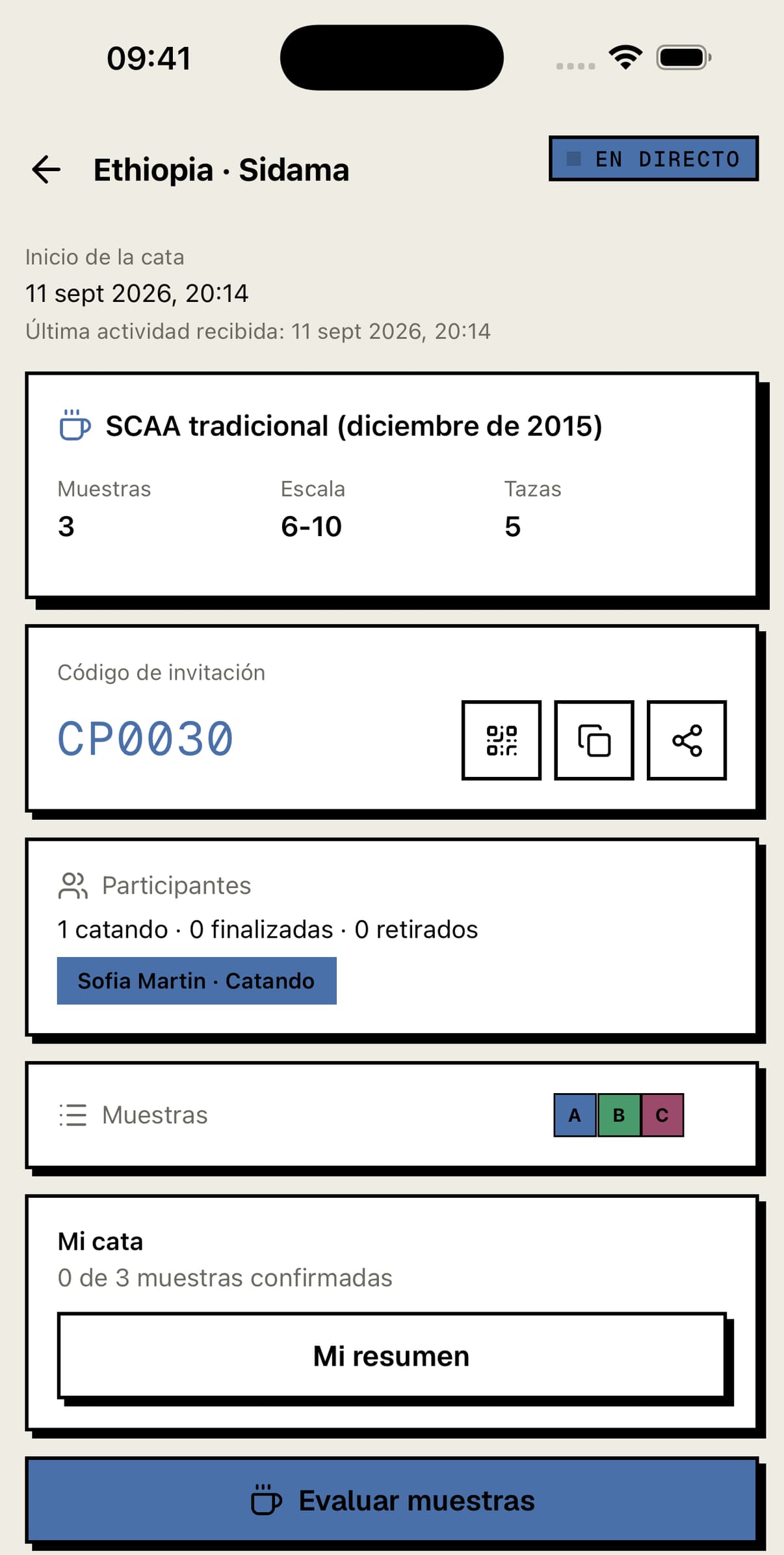 Sesión de cata en directo con el progreso de los participantes