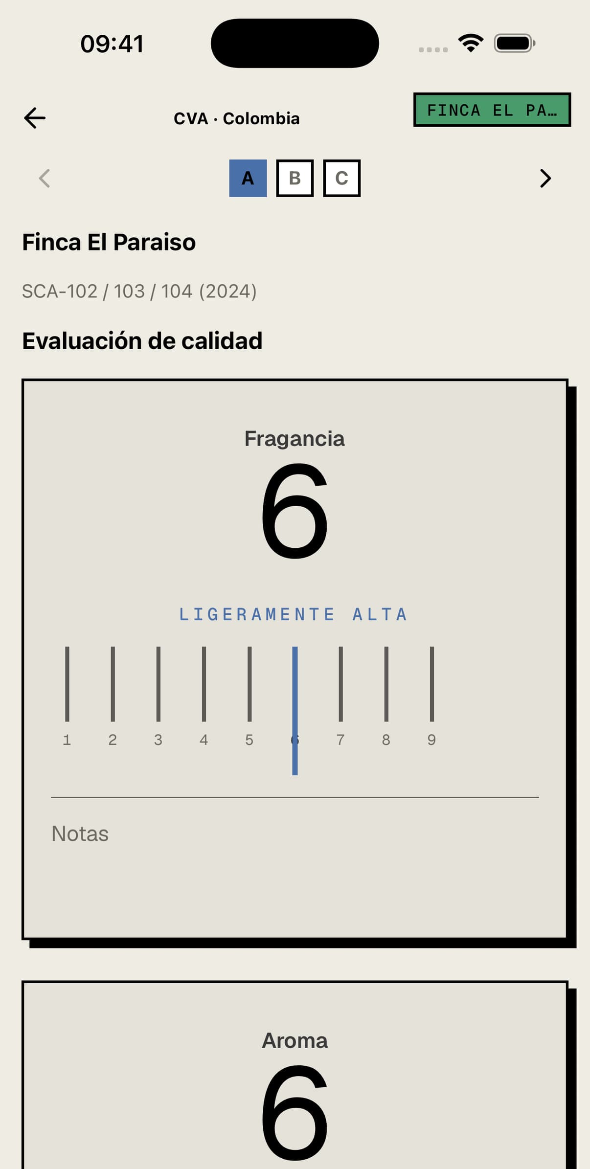 Pantalla de puntuación CVA con la escala afectiva del uno al nueve
