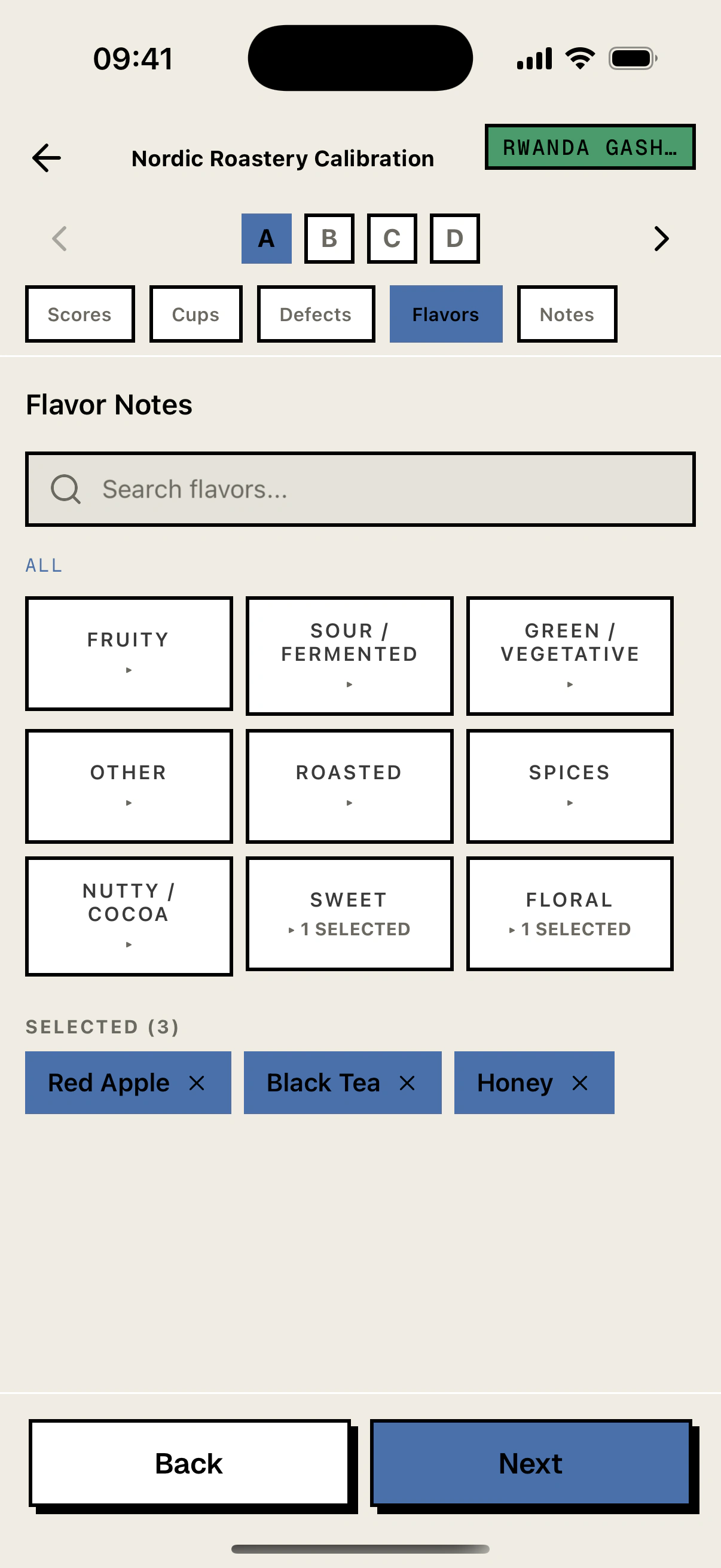 Flavor descriptor picker with selected tasting notes