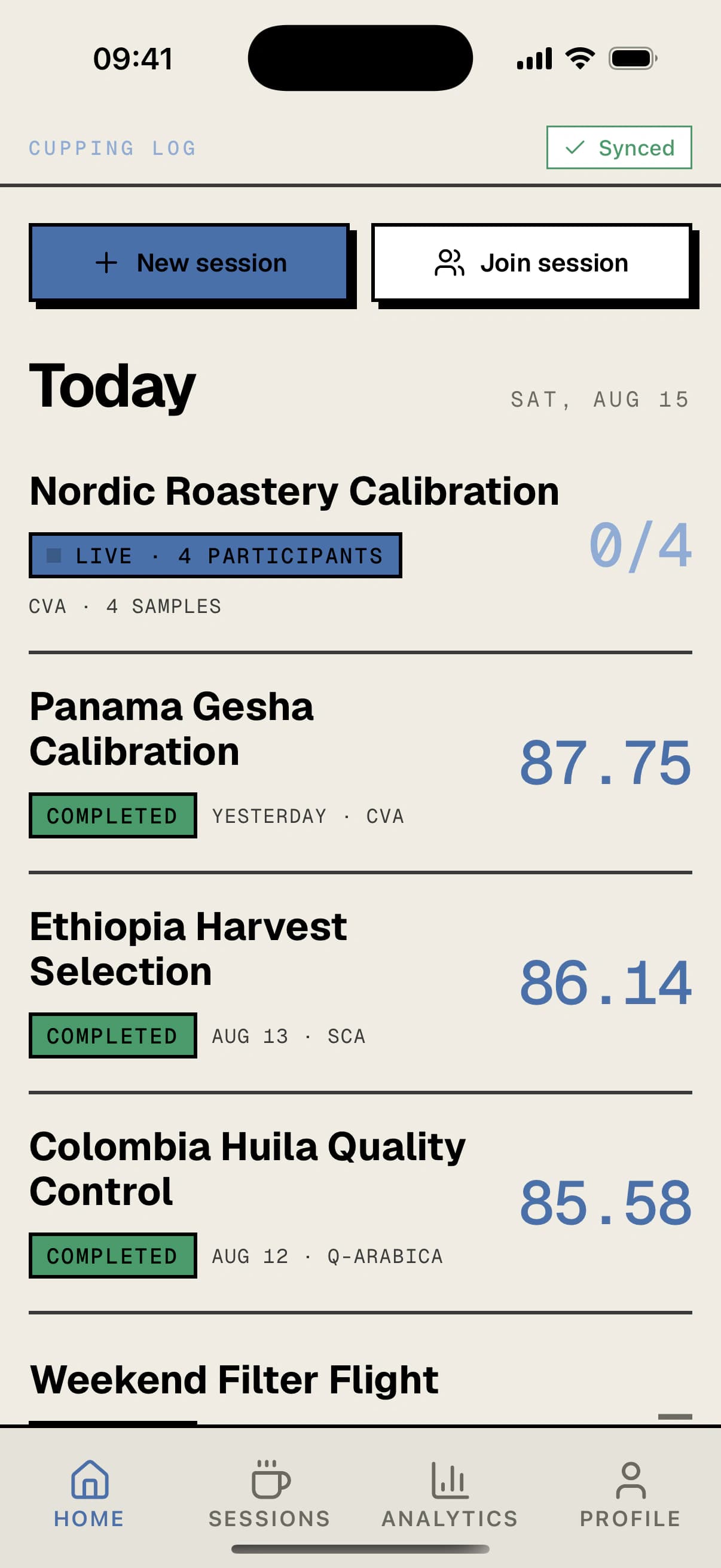 Cupping home screen showing live and completed coffee tasting sessions
