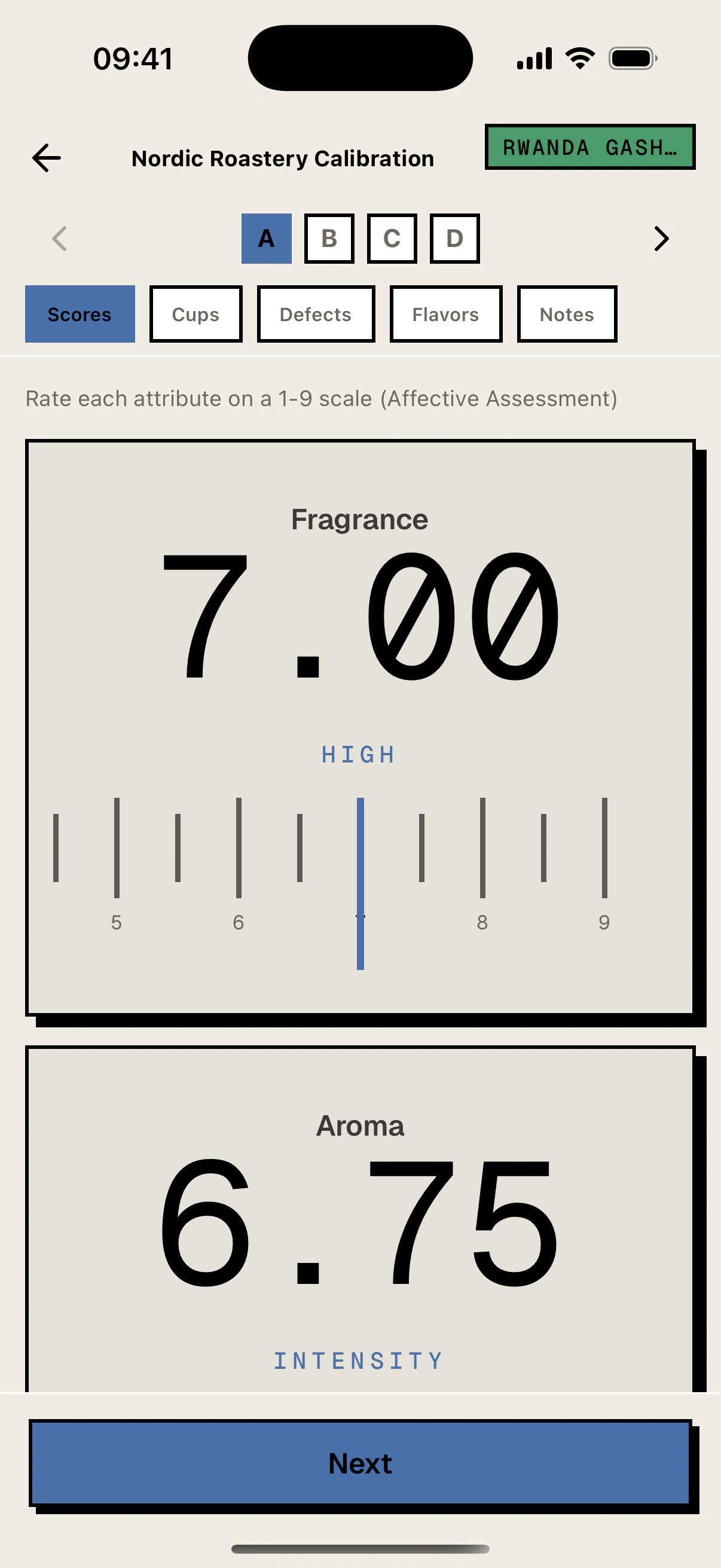 CVA scoring screen using the one-to-nine affective scale