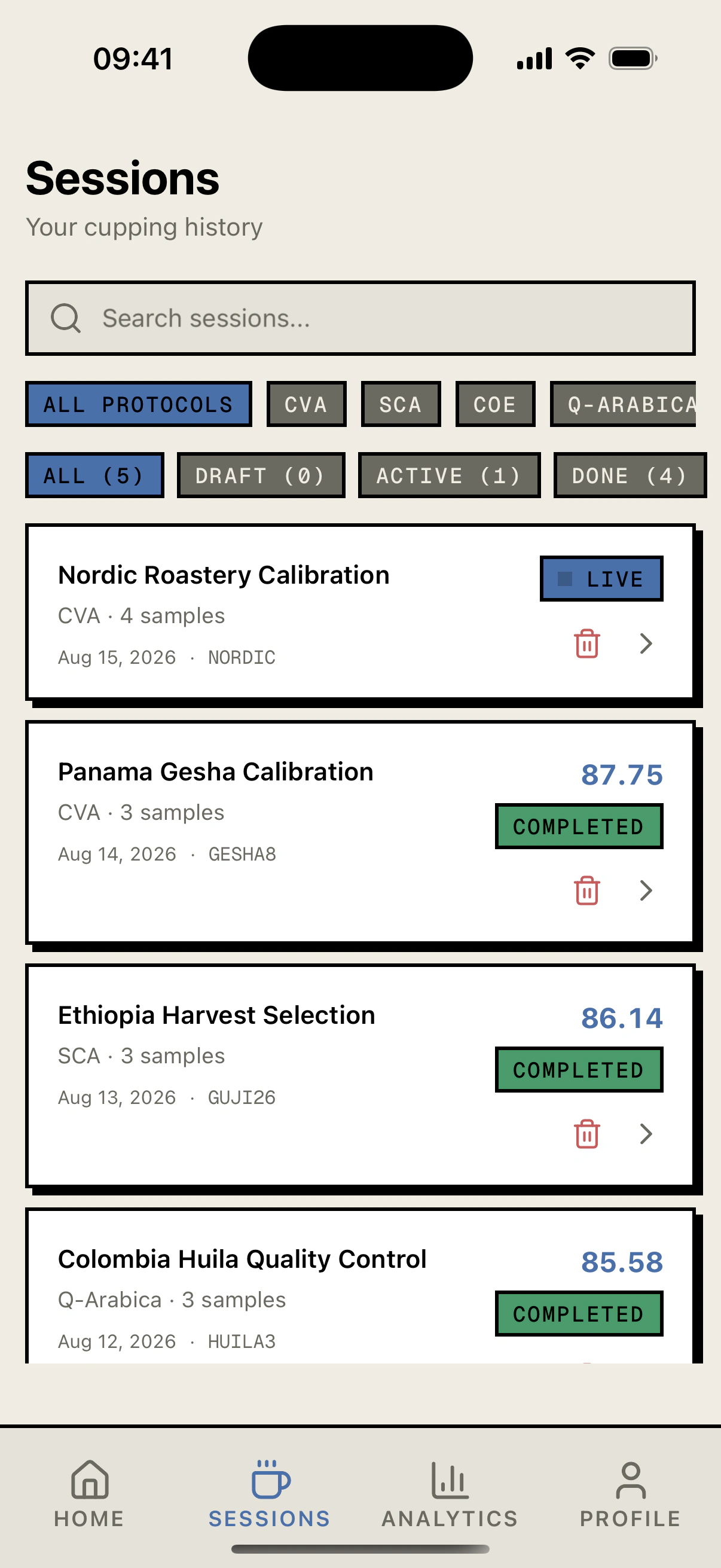 Cupping session archive and current session list